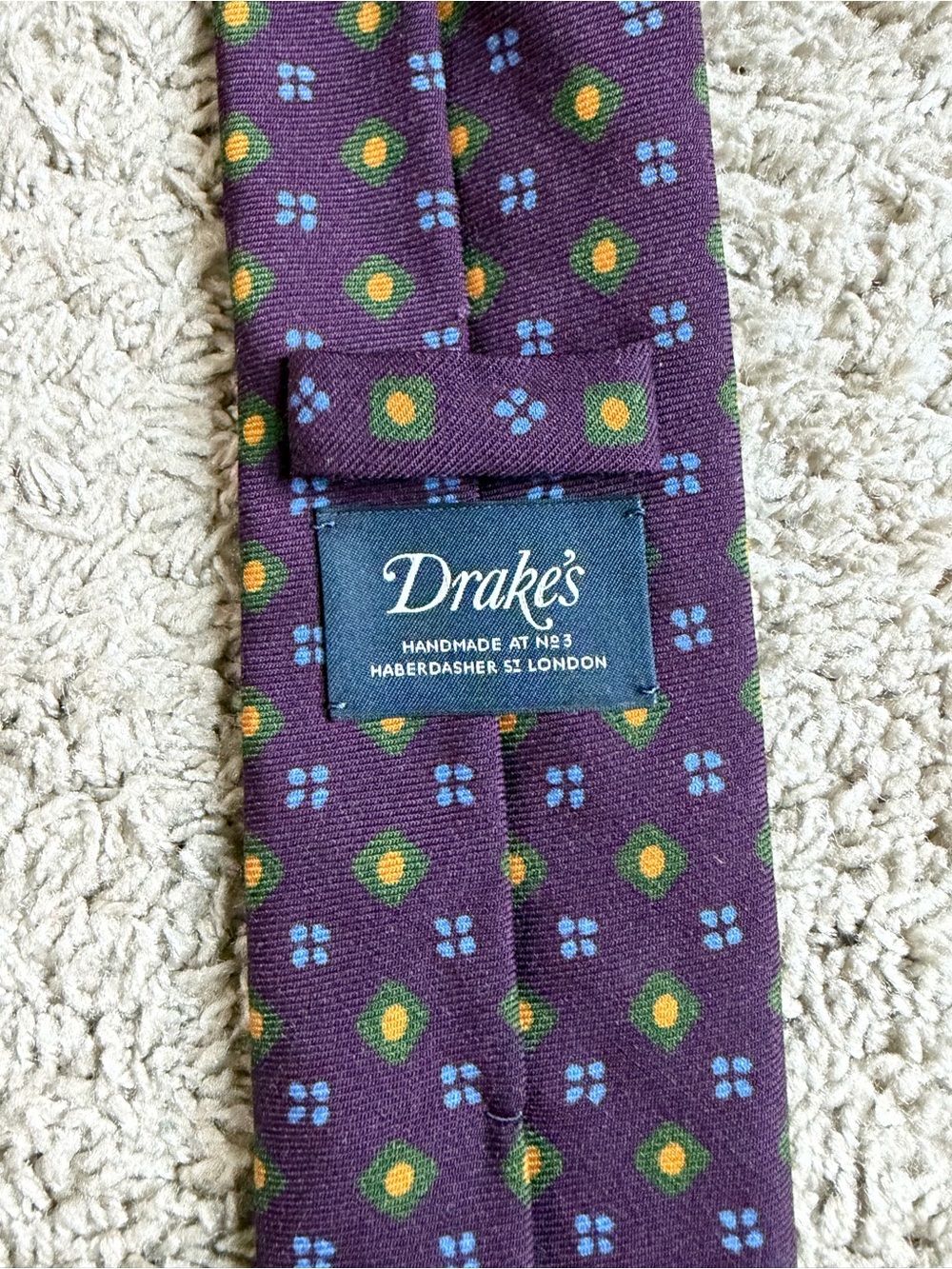 Drake's Plum Silk Tie with Green and Yellow Medallions